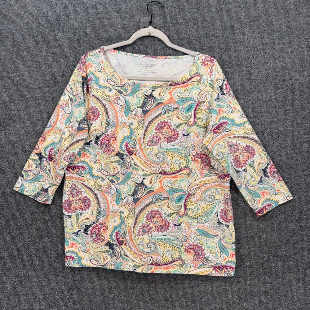 Talbots Shirt Women 1X Multicolor Paisley Boat Neck 3/4 Sleeve Cotton Stretch